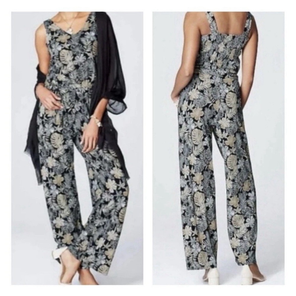 J. Jill Floral Palm Jumpsuit Medium Brown Black Smocked Back Pockets Tie Waist‎